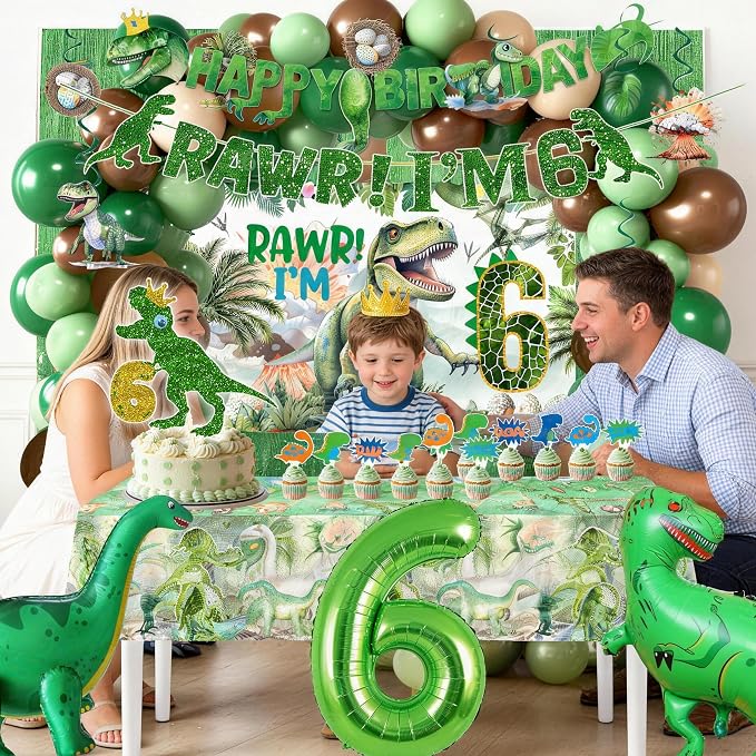 Dinosaur Boys 6th Birthday Dino Jurassic Six-a-sauras 6th Birthday Becorations For Boys Dinosaur 6th Birthday Party Supplies Include Banner, Backdrop, Tablecloth, Cake Toppers, Balloons