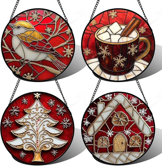 DASTOLL Stained Glass Window Hanging 4 Pcs Set Red Christmas Themed Decorations 7.8" - Suncatcher Door Garden Sun Catcher Decor Birthday New Year for Mom Woman Nana Men