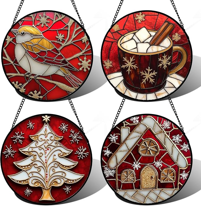 DASTOLL Stained Glass Window Hanging 4 Pcs Set Red Christmas Themed Decorations 6.3" - Suncatcher Door Garden Sun Catcher Decor Birthday New Year for Mom Woman Nana Men