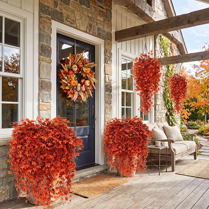Daifunli 12 Pcs Artificial Fall Hanging Plants Fake Hanging Ferns Plastic Autumn Faux Plants for Wall Room Garden Garland Indoor Outdoor Decor No Basket (Maple Leaves)