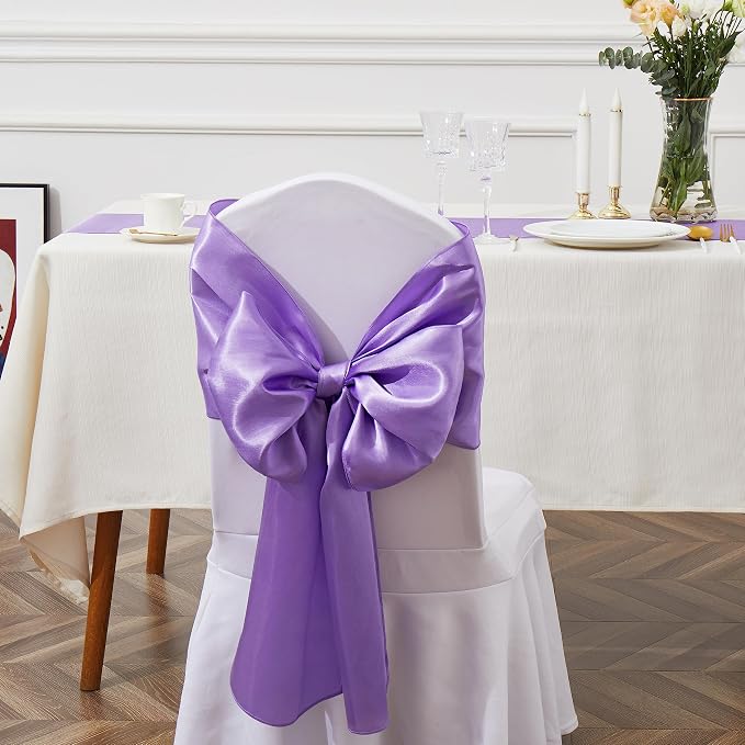 10 Pcs Light Purple Satin Chair Sashes Bows Universal Chair Cover for Wedding Reception Events Banquets Party, Hotel Event Decorations, 6 x 108 inch