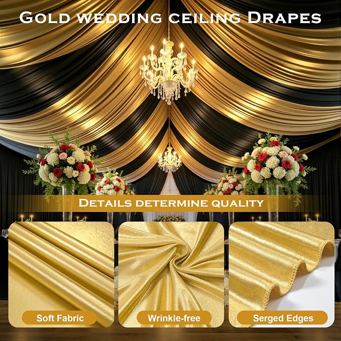 20ftx40ft Gold Ceiling Curtain for Wedding Parties – 4 Panels Wrinkle-Free 40 FT Long Tent Draping Curtains for Wedding, Birthday & Theme Parties, 40ft Height with Rod Pocket