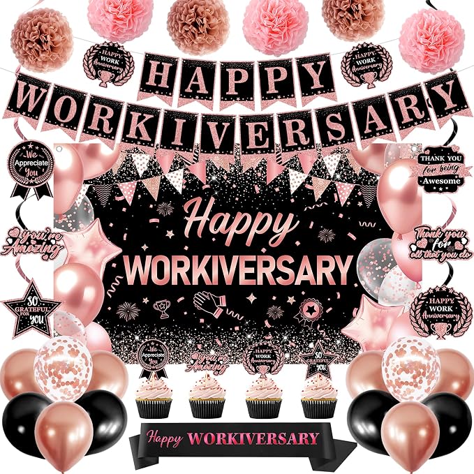 DARUNAXY Happy Workiversary Party Decorations for Women, Rose Gold Happy Work Anniversary Banner Cake Topper Hanging Swirl Confetti Balloons Decor Set for Pink Employee Office Party Supplies for Girls