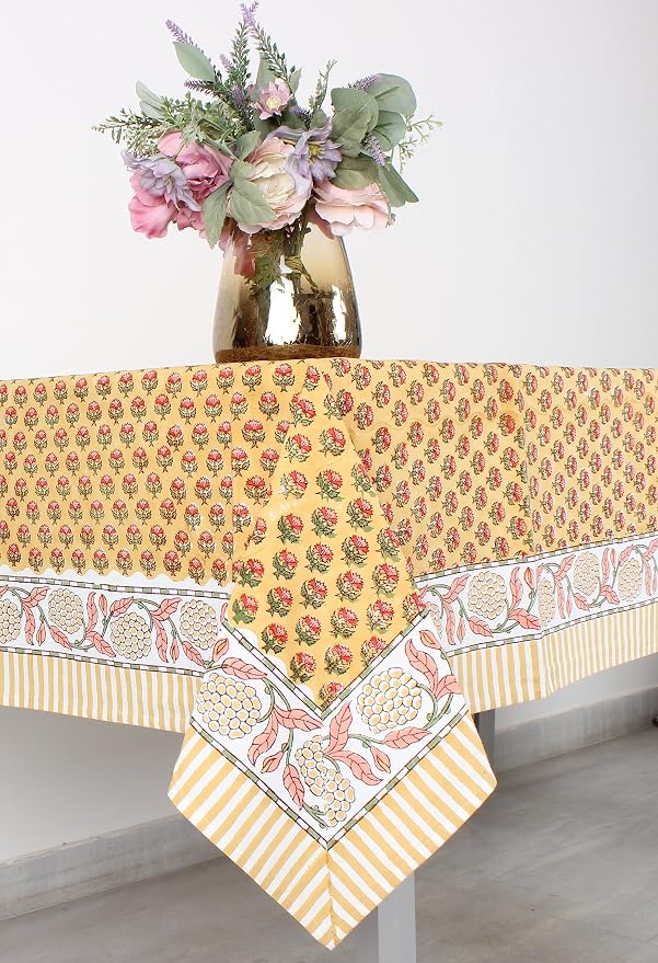 Ridhi Mustard Yellow Hand Block Print Cotton Rectangle Tablecloth 190" x 72" inches Reusable Table Cover Decorative Everyday Use for Dining Room, Farmhouse, Home Gift for Spring, Mother's Day