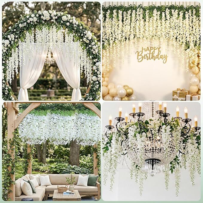 12 Pack Wisteria Hanging Flowers, Fake Hanging Flowers, 3.61 Ft Artificial Flower Vines Strings, Silk Wisteria Flowers for Home Wedding Arch Backdrop Outdoor Party Garden Yard Decor (White)