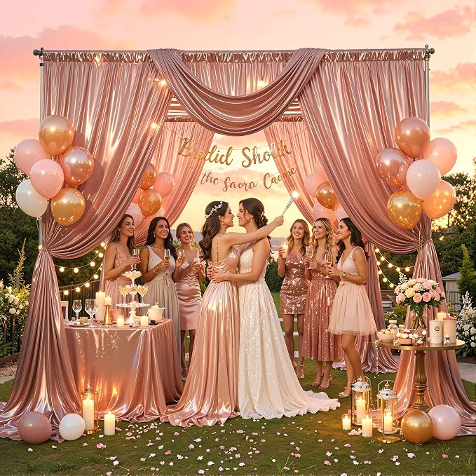 20x12ft Rose Gold Glitter Backdrop Curtain for Parties, Wrinkle Free Satin Photo Backdrop Drapes 4 Panels 5x12FT Shimmer Back Drop Cloth for Wedding Birthday Baby Shower Photography Background Decor