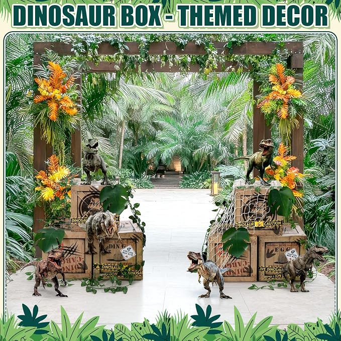 21 Pcs Dinosaur Party Decorations 12 x 12 x 12 Inch Dinosaur Theme Boxes Dino Table Centerpieces Dino Cardboard Palm Leaf Artificial Rattan Net for Birthday Party Supplies Decor