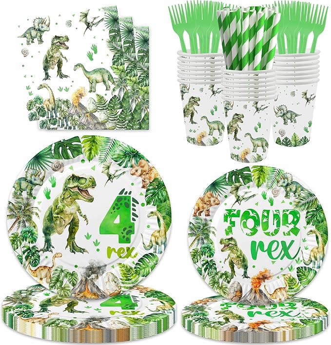 208 Pcs Dinosaur 4th Birthday Party Supplies, Green Dino Roar I'm Four Birthday Decorations, 20 Serves Include Plates, Cups, Napkins, Tablecloth, Cake Topper, Swirls, Banner, Balloons for Boys