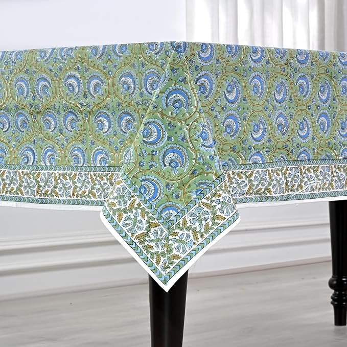 Ridhi Verdant Mist Hand Block Print Cotton Rectangle Tablecloth 120" x 60" inches Reusable Table Cover Decorative Everyday Use for Dining Room, Farmhouse, Home Gift for Spring, Mother's Day