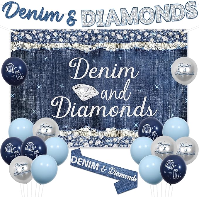 Denim and Diamonds Party Decorations Denim and Diamonds Backdrop Banner Sash with Blue Silver Balloons for Women Girls Birthday Bachelorette Party Bridal Shower Wedding Supplies