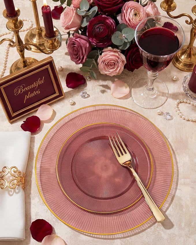 Hioasis 60pcs Burgundy and Gold Plastic Plates - Burgundy Disposable Dinnerware Set, 30pcs Dinner 10in & 30pcs Dessert 7in Plates with Striped Designs for Party & Wedding
