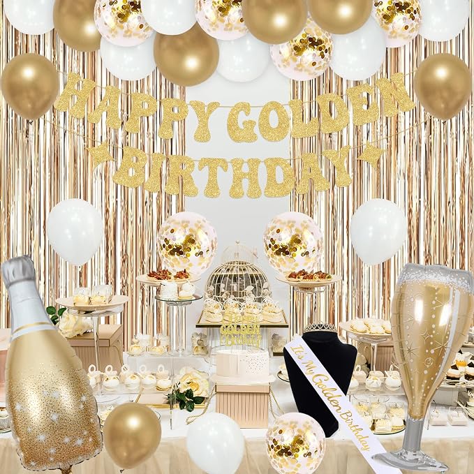Trgowaul It's My Golden Birthday Decorations for Women Girls, Banner, Sash and Crown, Cake Topper, Latex Balloons Fringe Curtains, Champagne Gold Happy Birthday Party Supplies