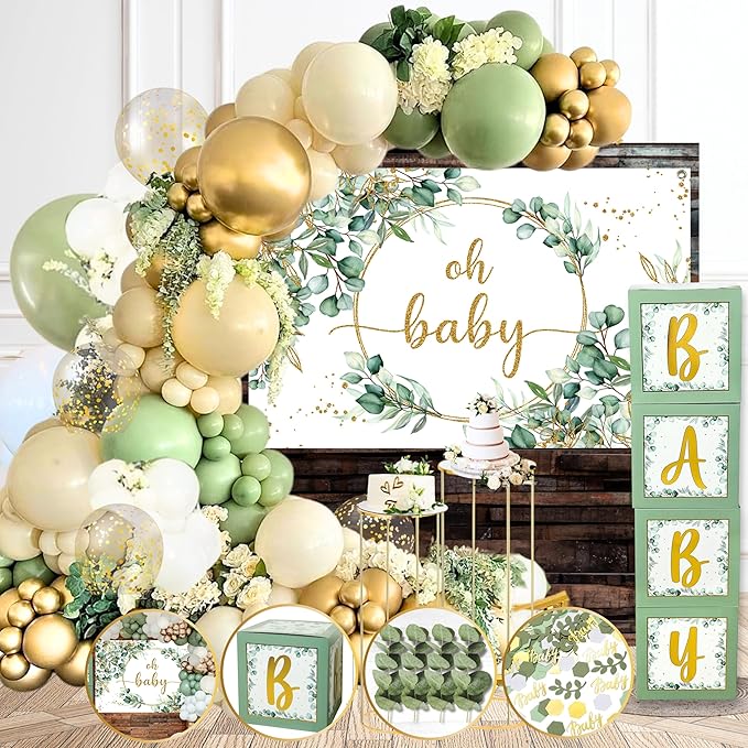263 Pc Sage Green Baby Shower Decorations Boy Or Girl, Gender Neutral Mint Balloons Garland Kit, BABY Boxes, Oh Baby Backdrop Banner, Olive Green Baby Shower Decor, Woodland Safari Jungle
