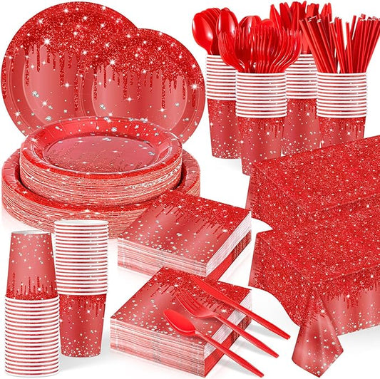 452 Pcs Red Birthday Party Decoration for 50 Guest, Red Diamond Glitter Paper Plates Napkins Cups Tablecloth Cutlery Straws Tableware for Birthday Wedding Baby Shower Graduation Party Supply
