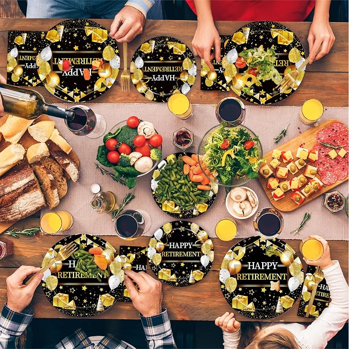 Kepeel 96 Pcs Retirement Party Plates and Napkins Set, Happy Retirement Party Supplies Decorations for Men Women Gold and Black Farewell Going Away Disposable Dinnerware Tableware Kit, Serves 24