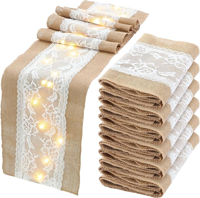Xinnun 6 Pack Burlap Table Runner with Warm LED Lights,Rustic Lace Wedding Table Decor,Boho Farmhouse Jute Runner for Reception Bridal Shower Party(Funny,12x70 Inches)