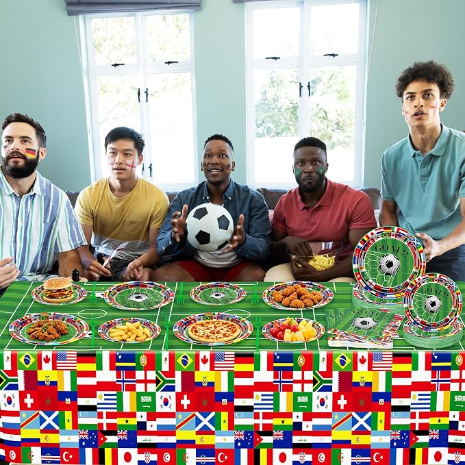 QZYL 122 Pcs 2026 World Soccer Party Decorations, Soccer Party Supplies Serve 30, Disposable Plates Napkins Tablecloth Forks, International World Flags Tableware Set for Sports Game Birthday Event