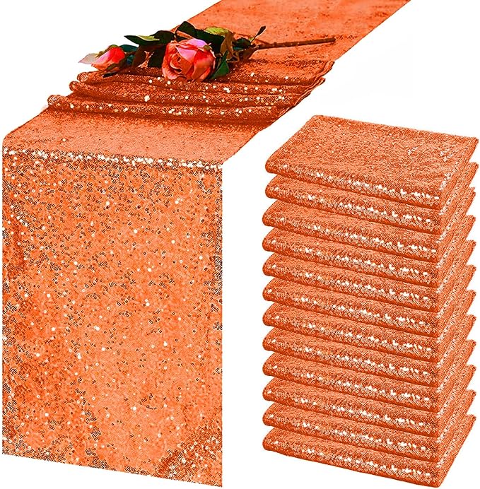 12 Pack Orange Sequin Table Runner 12 x 72 Inch - High Density Sparkly Glitter Table Runners for Thanksgiving Dinner, Halloween Party, Citrus Theme, Fiesta, Shimmering Orange Decor