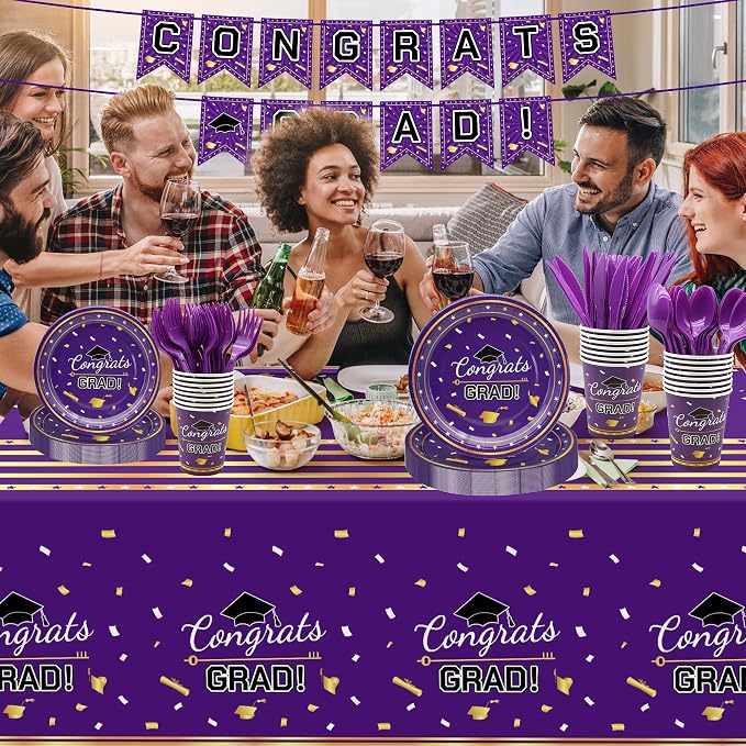 Graduation Decorations 2026,147 PCS Purple and Gold Graduation Decorations,Graduation Party Decorations,Disposable Grad Graduation Tableware Banner Graduation Plates Cups Tablecloth for 24 Guests