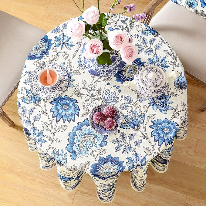 ISAENNE Designer French Linen Round Tablecloth,Diameter 55"-Blanch | Chinoiserie Vintage Elegant Table Cloth,Blue Floral Pattern,Beautiful,Dining Room,Kitchen,Tea Party,Thanksgiving,Decor