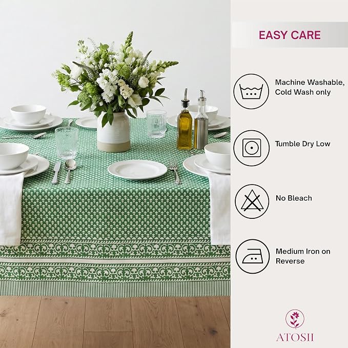 ATOSII Queen Green 100% Cotton Tablecloth, Handblock Print Square Table Cover for Kitchen Dining I Tabletop Linen I Parties, Thanksgiving, Christmas, Wedding, Fall Table Cloth 60 X 60 Inches