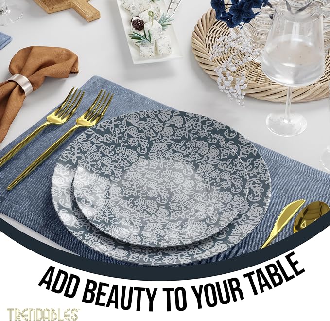 Trendables Disposable Dinnerware Decorative Plates Plastic Disposable Plates Set For 40 Guests 40 x 8 Inch Dessert Plate & 40 x 10 Inch Wedding Party Plate Set Garden Damask