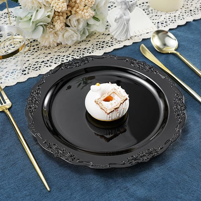 100 Pieces Black Plastic Plates - 10.25inch Dinner Disposable Plates - Premium Heavy Duty Hard Disposable Dinner Plates - Party Supplies for Birthdays, Celebrations, Wedding