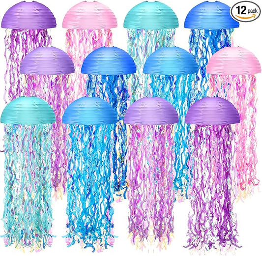 Baquler Set of 12 Jellyfish Paper Lanterns 10 Inch Semicircle Lanterns Hanging Decoration for Mermaid Sea Ocean Birthday Party Decorations(Pink, Blue, Sky Color, Royal Blue, Purple, Light Purple)