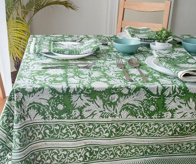 Chirstmas Green Block Print Table Cloth- 60x108 Inch Rectangle 100% Cotton Handmade Pre-Shrink, Washable for Spring, Kitchen & Dining Perfect for Patio, Indoor & Outdoor, Farmhouse