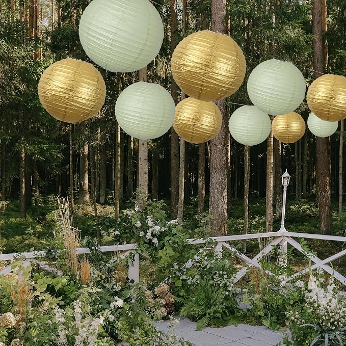 20Pcs Paper Lanterns Decorative, Sage Green and Gold Round Hanging Paper Lanterns Decorations for Rustic Party Bridal Shower Wedding Birthday Home Decor