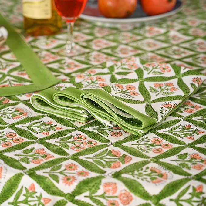 Hand Block Printed Tablecloth, Colorful Floral Print, Indian Artisan Handmade Art, Dining Room, Kitchen, Outdoor Décor, (Fresh Green Leaves, 12 Seater 72 x 135 Inches Rectangle)