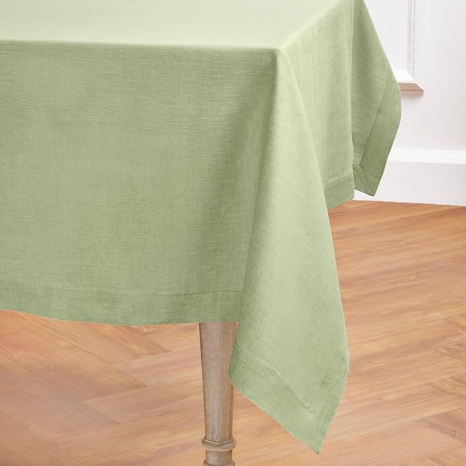 Solino Home Linen Tablecloth 60 x 120 Inch - 100% Pure Linen Chambray Olive Table Cloth for Rectangle Tables - Athena, Machine Washable Tablecloth for Summer
