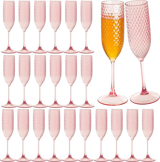24 Pack Pink Plastic Champagne Flutes Mimosa Unbreakable Champagne Glasses Wedding Toasting Glasses 5.5 OZ Reusable Diamond Glasses Wine Cups Vintage Drinking Glasses for Wedding,Christmas,Party