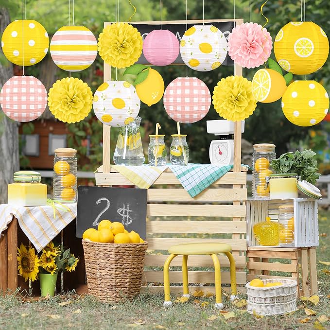 Renbuzhu 15PCS Summer Lemon Party Decorations Paper Lanterns Pom Poms Hanging Swirls Pink and Yellow Theme Lemonade Stand Italian Decor for Birthday Home Backyard Indoor Outdoor