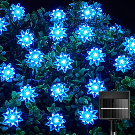 Brightown 50 LED Blue Flower Solar String Lights for Outside, 23FT Solar Christmas Lights Outdoor with 8 Modes, Fairy Lights Decorative for Yard Garden Fence Porch Tree Party Wedding