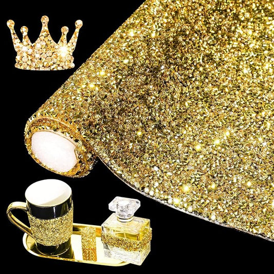 Locacrystal Bling Rhinestone Sticker DIY Home Decor Stickers Self-Adhesive Crystal Sheet Stickers for Cars & Crafts Decoration(Gold,9.4" x 15.8")
