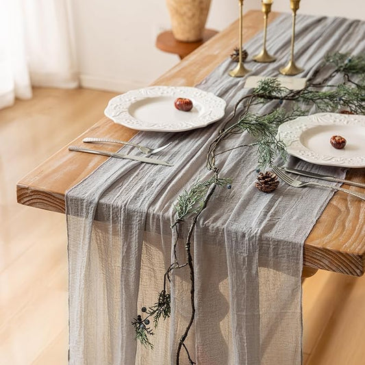 Keketoarrange Grey Spring Table Runner Gauze Rustic Cheesecloth 120 Inch 10 FT for Wedding Baby Shower Bridal Shower Birthday Engagement Garden Outdoor Party Long Sheer Summer Home Boho Decorations