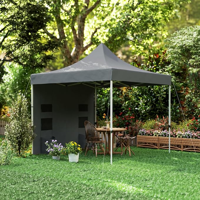 Outsunny 10' x 10' Heavy Duty Pop Up Canopy Tent with Sidewall and Trash Bags, UPF50+ Instant Sun Shelter, Height Adjustable, with Wheeled Bag, Sand Bags for Outdoor, Patio, Gray