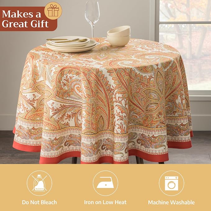 Maison d' Hermine Table Cloth Round Table 100% Cotton 63 Inches Fall Tablecloth Reusable Everyday Use for Thanksgiving Christmas Decorations Dining Farmhouse Party (Kashmir Paisley)