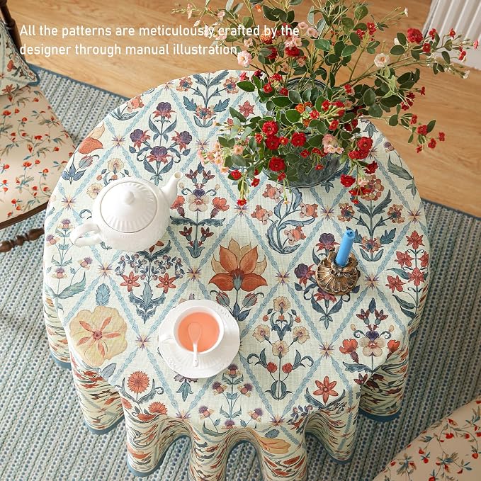 ISAENNE Designer Elegant Round Linen Tablecloth,Diameter 67"-Floralsea A | French Vintage Table Cloth,Colorful Floral Pattern,Beautiful,Decoration,Heavyweight,Dining Room,Kitchen,Thanksgiving