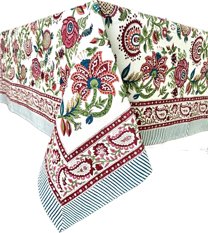 ATOSII Ruby 100% Cotton Rectangle Summer Tablecloth, Block Print Floral Table Cloth for Dining Table, Parties, Weddings, Outdoors Grand Millenial Decor I 60 X 108 Inches I 8 Seater I