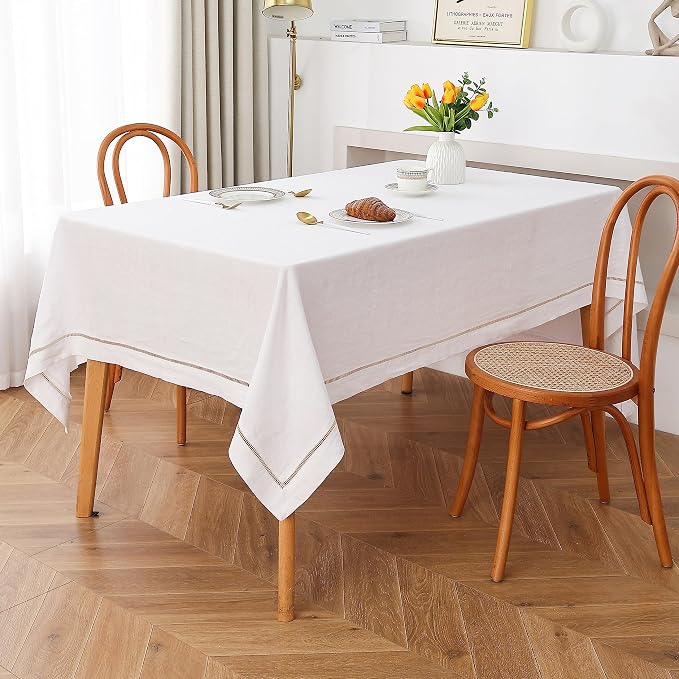 Linen World Hemstitch Linen Tablecloth,100% Natural French Flax,60x90Inch Handcrafted White-Natural Linen Table Cloth,Tabletop,Table Cloths for Kitchen,Dining,Daily Use(White-Natural)