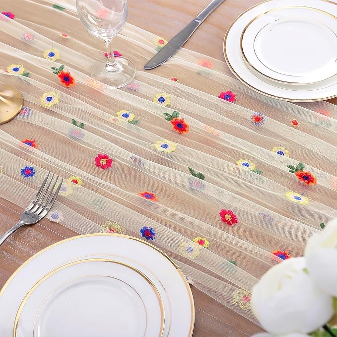 QueenDream Floral Tulle Table Runner 10FT Champagne Embroidery Daisy Spring Summer Table Linens Sheer Gauze Table Fabric Decorations for Home Wedding Tea Party Birthday