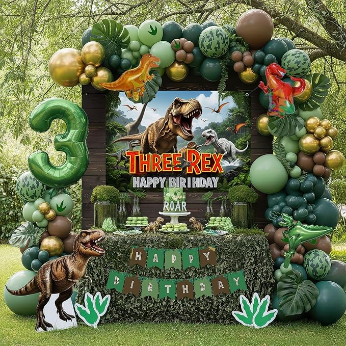 Dinosaur 3rd Birthday Party Supplies for Boys, Three Rex Decorations Kit: Hunter Green Gold Balloon Garland Arch, T-Rex Backdrop, Foil Balloons & Footprint Stickers - Jungle Safari Theme