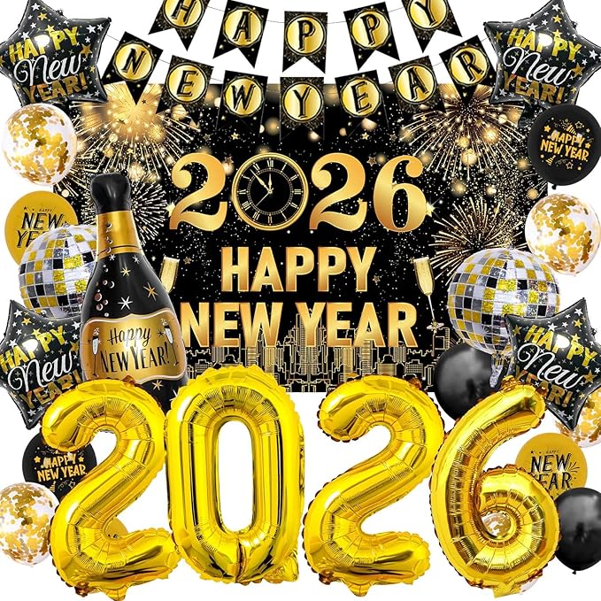 New Years Decorations Party Supplies 2026 40PCS Happy New Years Eve Balloons Decorations for 2026 Photo Props Party Background Black and Gold Balloons Banner Hats Glasses (Black)