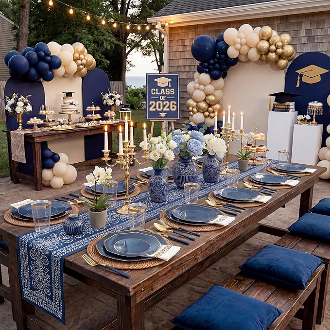 KIRE 140Pcs Blue Plastic Plates with Gold Rim - Gold Disposable Plastic Silverware with Blue Handle&Clear Cups&Hand Napkin - Geometric Party Plates for Passover/Party/Graduation