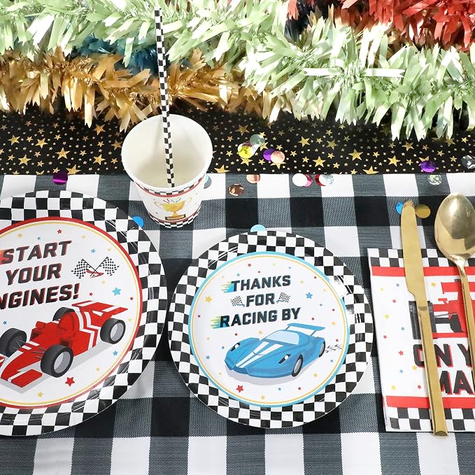 Recheel Racing Car Party Supplies Decorations, Checked Race Car Theme Birthday Paper Plates and Napkins Set with Cups and Straws for 24 Guests, 120 Pcs Disposable Party Dessert Dinnerwares