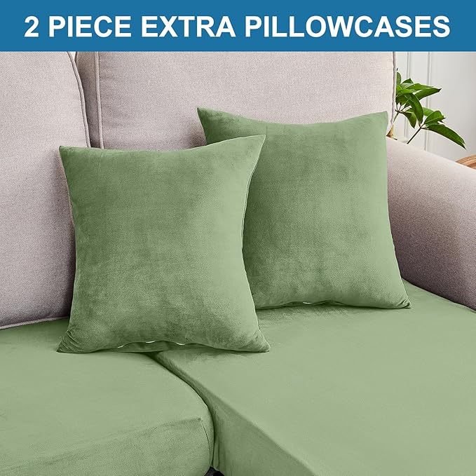 Couch Cover 3-Piece Elastic Velvet Couch Cushion Covers & Chaise Slipcovers for L-Shaped Sofas, Sofa Seat Covers Washable, Soft Cover for Couches (2 Seater + Chaise, Avocado Green)