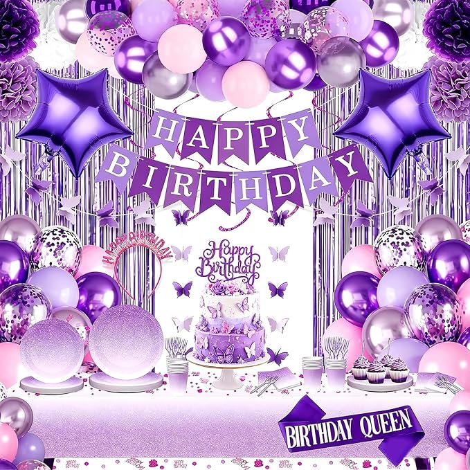 280 Pcs Purple Birthday Party Decorations for Women, Purple Pink Happy Birthday Party Decorations for Girls, 100Pcs Paper Plates, Napkins, Cups, Forks for 20 Guests Tableware Sets, Bday Sash and Crown