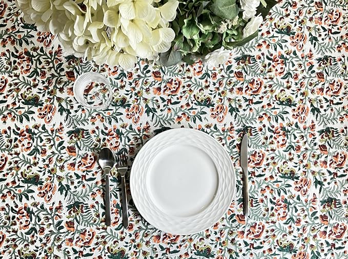 ATOSII Ambrosia Green 100% Cotton Round Tablecloth, Handblock Print Floral Table Cloth for Kitchen Dining Linen I Weddings, Outdoors, Thanksgiving, Christmas I Fall Home Decor I 90" Inches Round